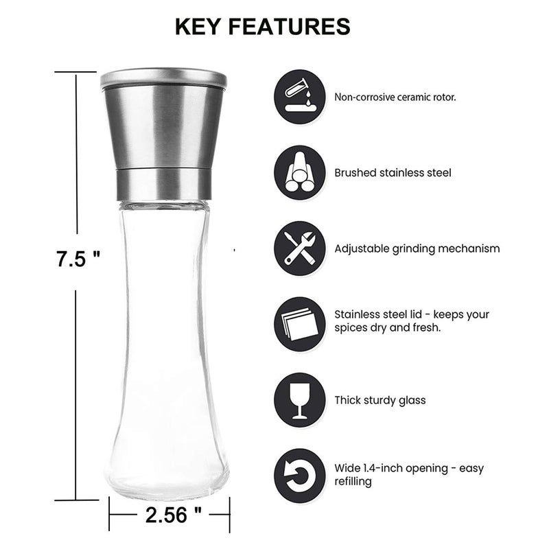 Mincham Elegant Pepper and Salt Grinder Set of 2, Best Spice Mill with Brushed Stainless Steel Cap, Ceramic Blades, Adjustable Coarseness, and Refillable Tall Glass Body with 6OZ Capacity (7.5"). - Image 2